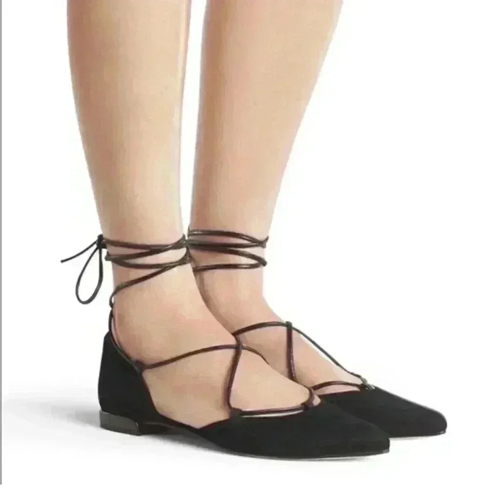 Stuart Weitzman Womens Lace Up Black Suede Ballet Flats Size 9M